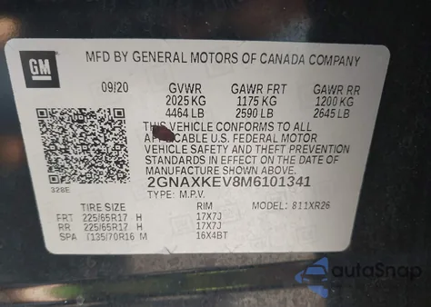 2021 Chevrolet Equinox Fwd Lt из США, поврежденный, VIN 2GNAXKEV8M6101341